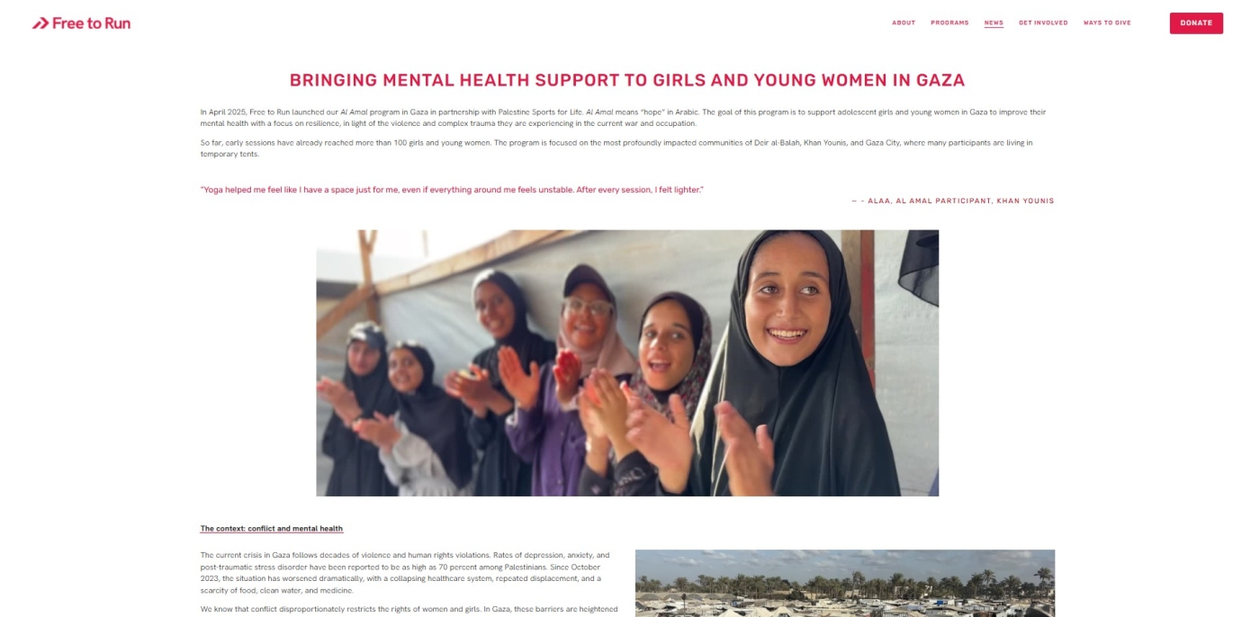 “Al Amal Program Brings Hope and Mental Health Support to Girls in Gaza” – Free to Run